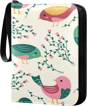 Exnundod 4 Pocket Trading Card Binder Colorful Birds Cartoon, PU Leather Card Collection Binder Spring Flower Branch 400 Cards Organizer Binder Collectible Trading Card Albums for Sports Game Card