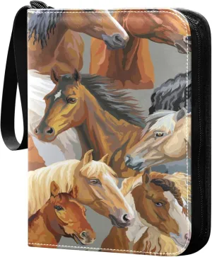 Exnundod 4 Pocket Trading Card Binder Colorful Horses PU Leather Card Collection Binder Animal 400 Cards Organizer Binder Collectible Trading Card Albums for Sports Game Card