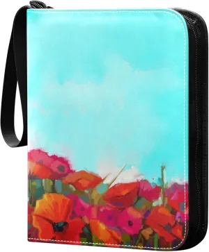 Exnundod 4 Pocket Trading Card Binder Colorful Red Poppy, PU Leather Card Collection Binder Spring Meadows Vintage 400 Cards Organizer Binder Collectible Trading Card Albums for Sports Game Card