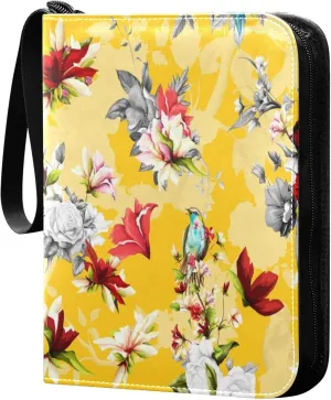 Exnundod 4 Pocket Trading Card Binder Spring Hummingbirds Vintage, PU Leather Card Collection Binder Colorful Floral 400 Cards Organizer Binder Collectible Trading Card Albums for Sports Game Card