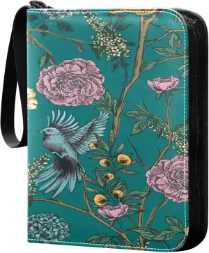 Exnundod 4 Pocket Trading Card Binder Vintage Flower Birds Spring, PU Leather Card Collection Binder Colorful Floral Retro 400 Cards Organizer Binder Collectible Trading Card Albums for Sports Game C