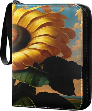 Exnundod Artistic Sunflower Trading Card Binder for Cards, Oil Painting Card Album 4-Pockets for 400 Cards with Removable Sleeves PU Baseball Card Holder Football Sports Card Collection