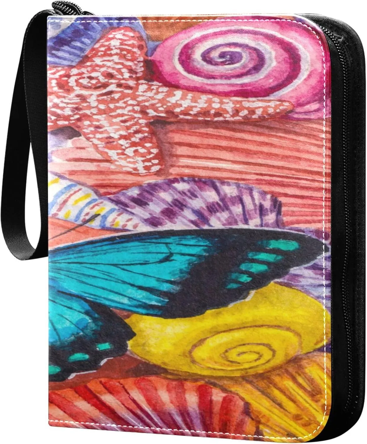 Exnundod Colorful Butterfly Seashells Trading Card Binder for Cards, Hello Summer Sports Card Binder Card Album 4-Pockets for 400 Cards PU Baseball Football Game Cards Collection