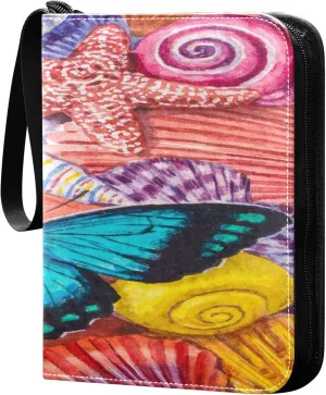 Exnundod Colorful Butterfly Seashells Trading Card Binder for Cards, Hello Summer Sports Card Binder Card Album 4-Pockets for 400 Cards PU Baseball Football Game Cards Collection