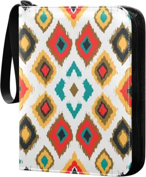 Exnundod Colorful Ikat Geometric Trading Card Binder for Cards, Diamonds Ethnic Card Album 4-Pockets for 400 Cards with Removable Sleeves PU Baseball Card Holder Football Sports Card Collection