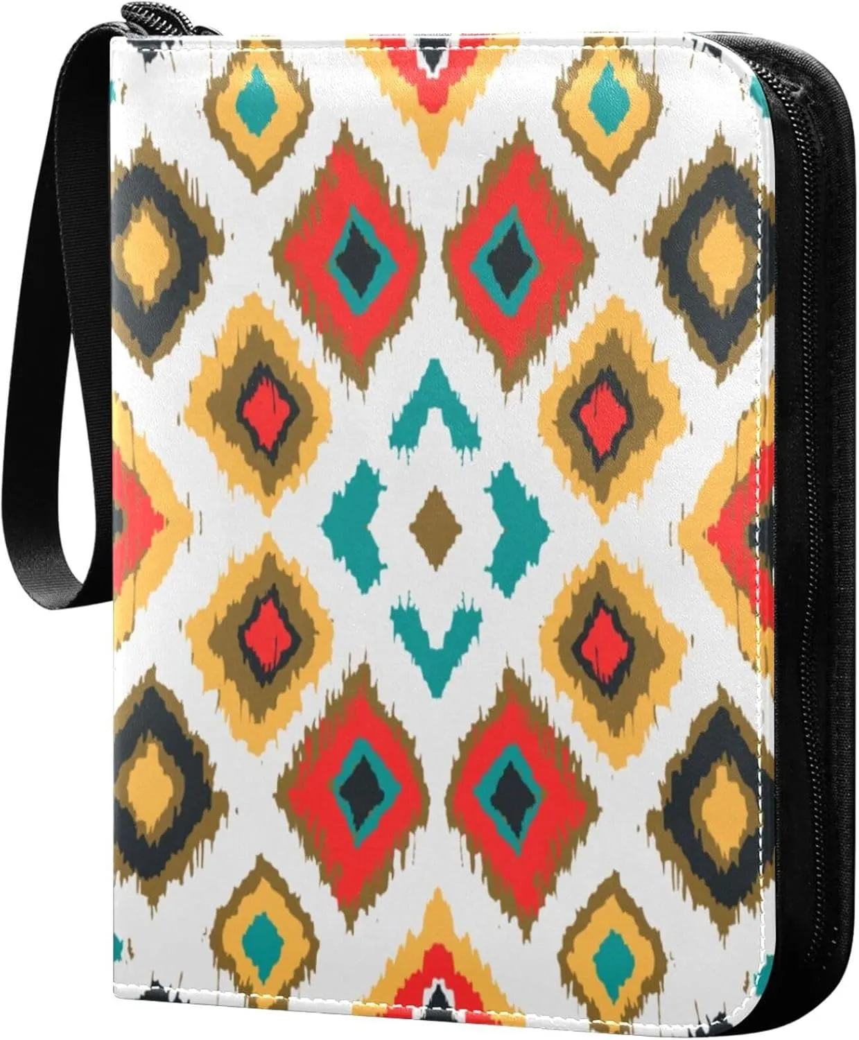 Exnundod Colorful Ikat Geometric Trading Card Binder for Cards, Diamonds Ethnic Card Album 4-Pockets for 400 Cards with Removable Sleeves PU Baseball Card Holder Football Sports Card Collection