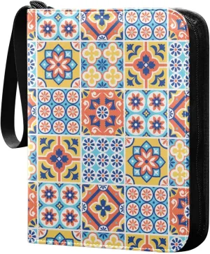 Exnundod Colorful Tile Pattern Design Trading Card Binder for Cards Card Album 4-Pockets 400 Cards Removable Sleeves PU Baseball Card Holder Football Sports Card Collection