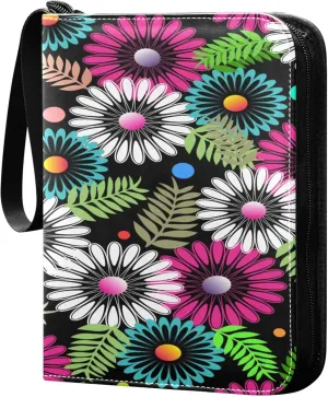 Exnundod Embroidery Wild Flowers Trading Card Binder for Cards, Colorful Polka Dots Card Album 4-Pockets for 400 Cards with Removable Sleeves PU Baseball Card Holder Football Sports Card Collection