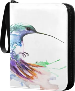 Exnundod Watercolor Colorful Hummingbird Trading Card Binder for Cards, Card Album 4-Pockets for 400 Cards with Removable Sleeves PU Baseball Card Holder Football Sports Card Collection