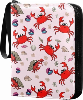 Exnundod 4 Pocket Trading Card Binder Colorful Crab Cartoon Drawing PU Leather Card Collection Binder Shell Horse Conch Sports Card Binder 400 Cards Organizer Trading Card Albums for Cards