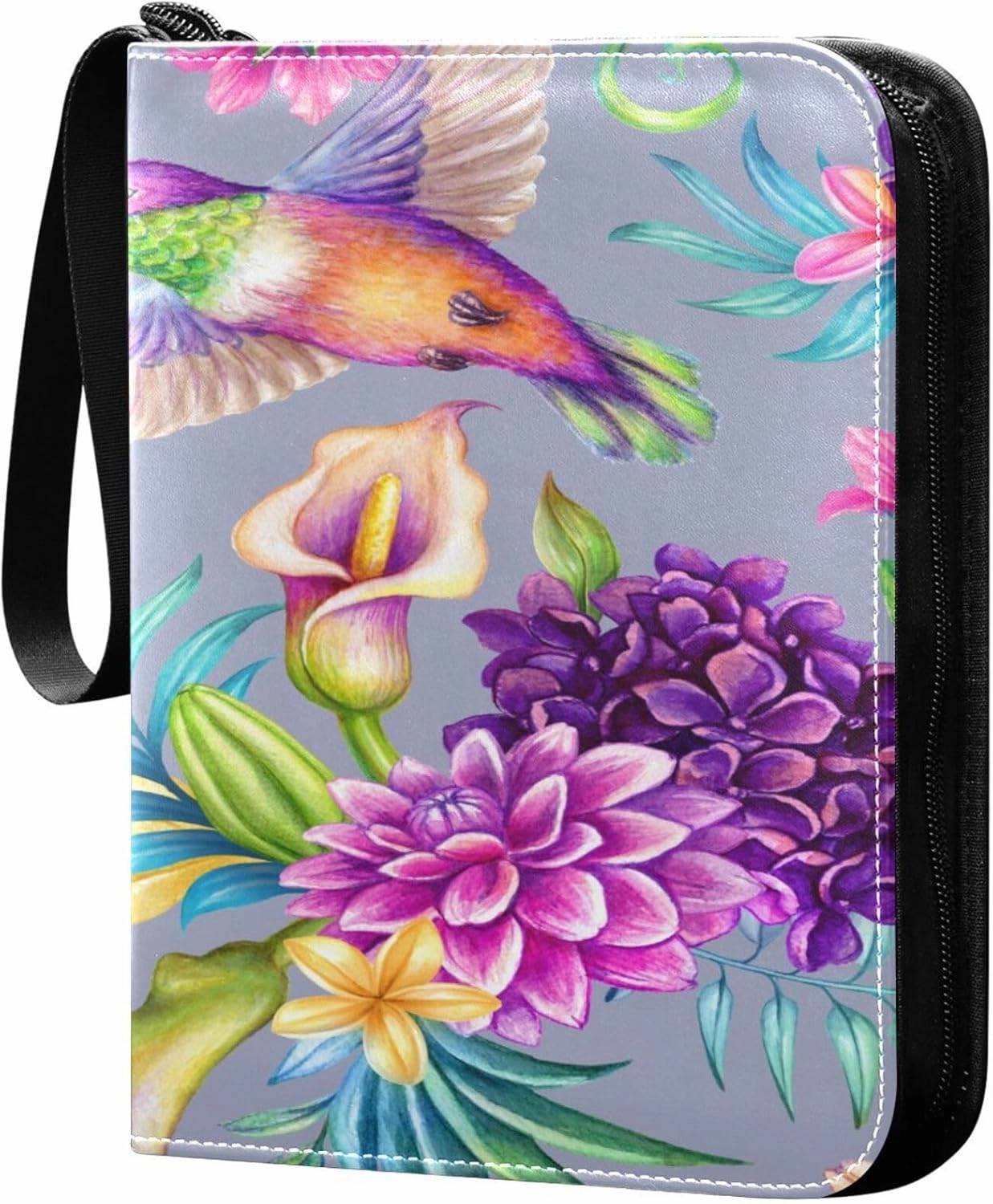Exnundod 4 Pocket Trading Card Binder Colorful Hummingbird Spring, PU Leather Card Collection Binder Summer Flowers Garden 400 Cards Organizer Binder Collectible Trading Card Albums for Sports Game C