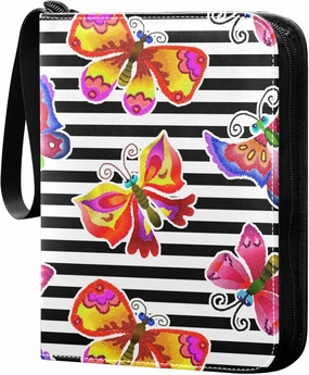Exnundod Embroidered Butterflies Stripes Trading Card Binder for Cards, Colorful Insect Card Album 4-Pockets for 400 Cards with Removable Sleeves PU Baseball Card Holder Football Sports Card Collecti