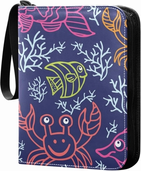 Exnundod Sport Card Binder Doodle Sea Fish Crabs Seaweed 4 Pocket Trading Card Binder PU Leather Card Collection 400 Cards Organizer Trading Card Albums for Sports Game Card