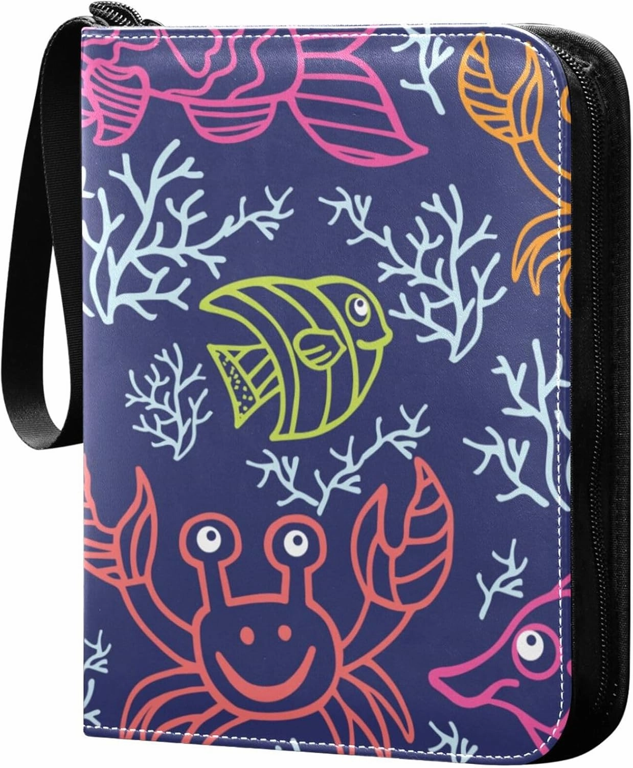 Exnundod Sport Card Binder Doodle Sea Fish Crabs Seaweed 4 Pocket Trading Card Binder PU Leather Card Collection 400 Cards Organizer Trading Card Albums for Sports Game Card