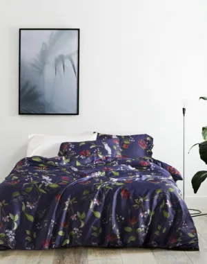 Exotic Modern Floral Print Bedding Birds Flowers Dusty Grey Design 100% Cotton Duvet Cover 3pc Set Hibiscus Blossom Branches in Muted Gray Blue (Queen, Blue)