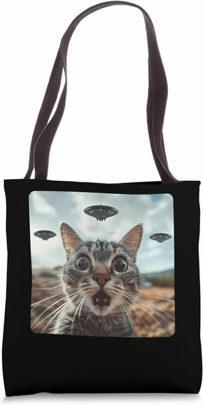 Extraterrestrial Encounter: Cat Selfie with Alien UFO Tote Bag