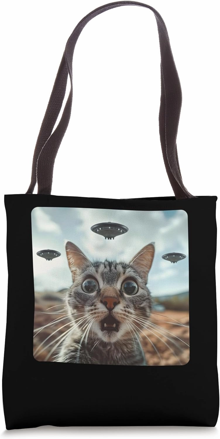 Extraterrestrial Encounter: Cat Selfie with Alien UFO Tote Bag