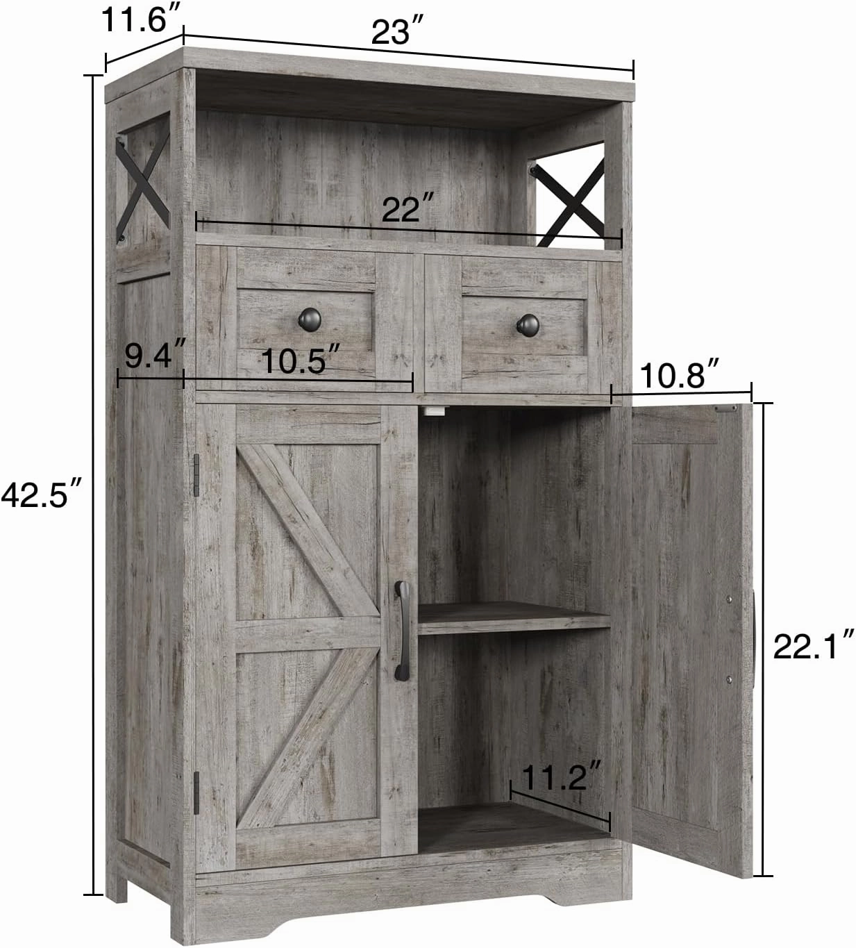Farmhouse Storage Cabinet with Drawers and Adjustable Shelves, Freestanding Kitchen Pantry Storage Cabinet, Floor Storage Cupboard for Dining Living Room Home Office, Washed Grey
