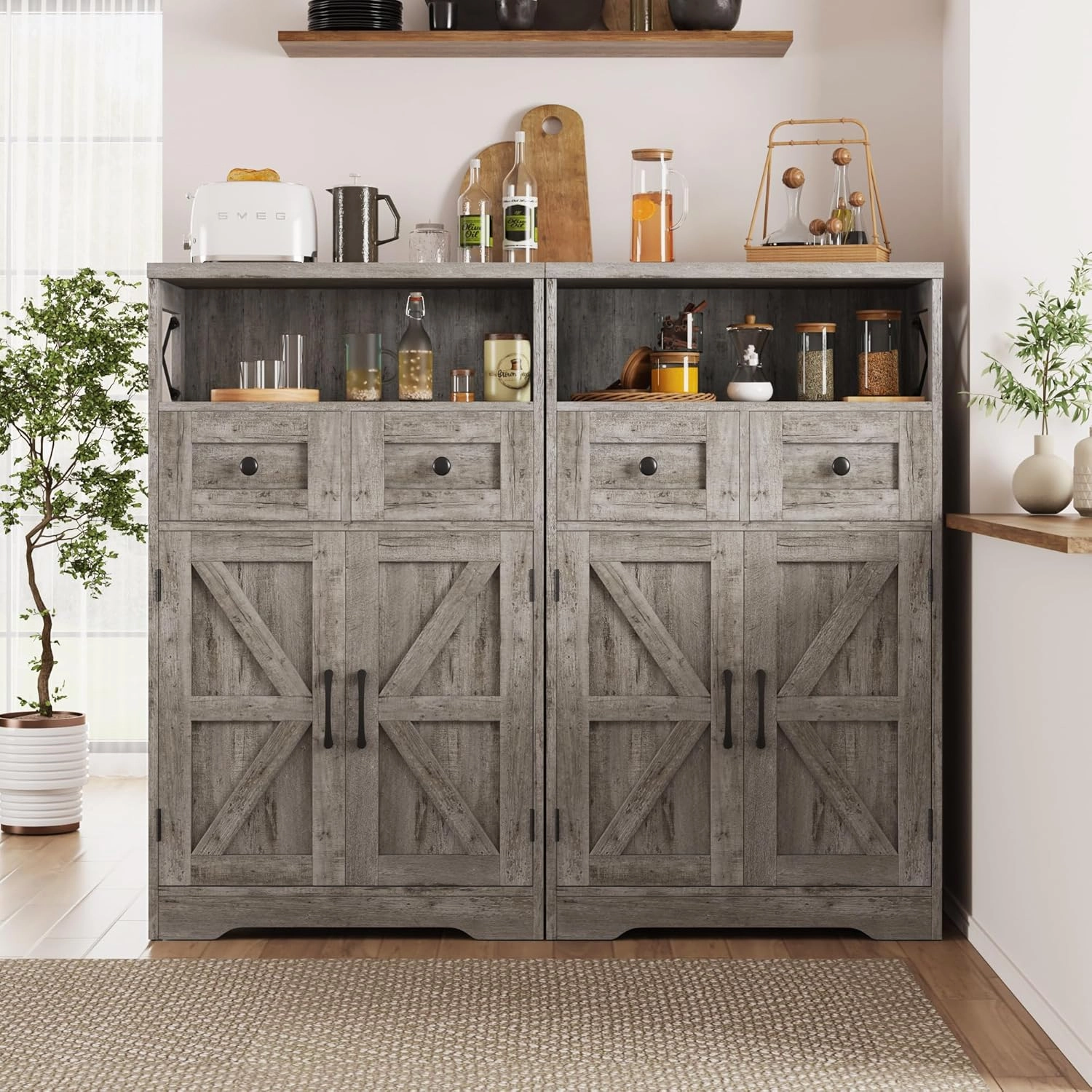 Farmhouse Storage Cabinet with Drawers and Adjustable Shelves, Freestanding Kitchen Pantry Storage Cabinet, Floor Storage Cupboard for Dining Living Room Home Office, Washed Grey