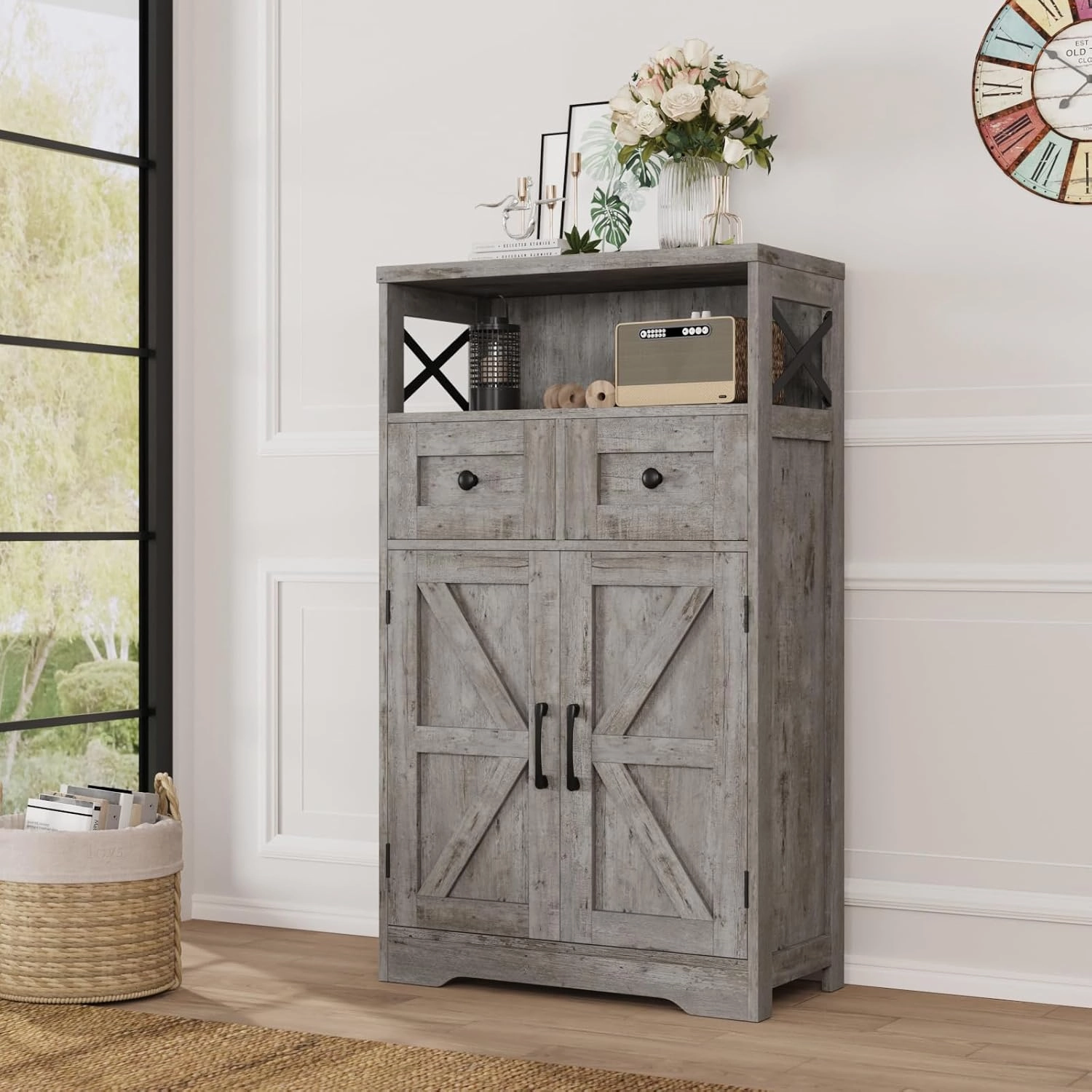 Farmhouse Storage Cabinet with Drawers and Adjustable Shelves, Freestanding Kitchen Pantry Storage Cabinet, Floor Storage Cupboard for Dining Living Room Home Office, Washed Grey