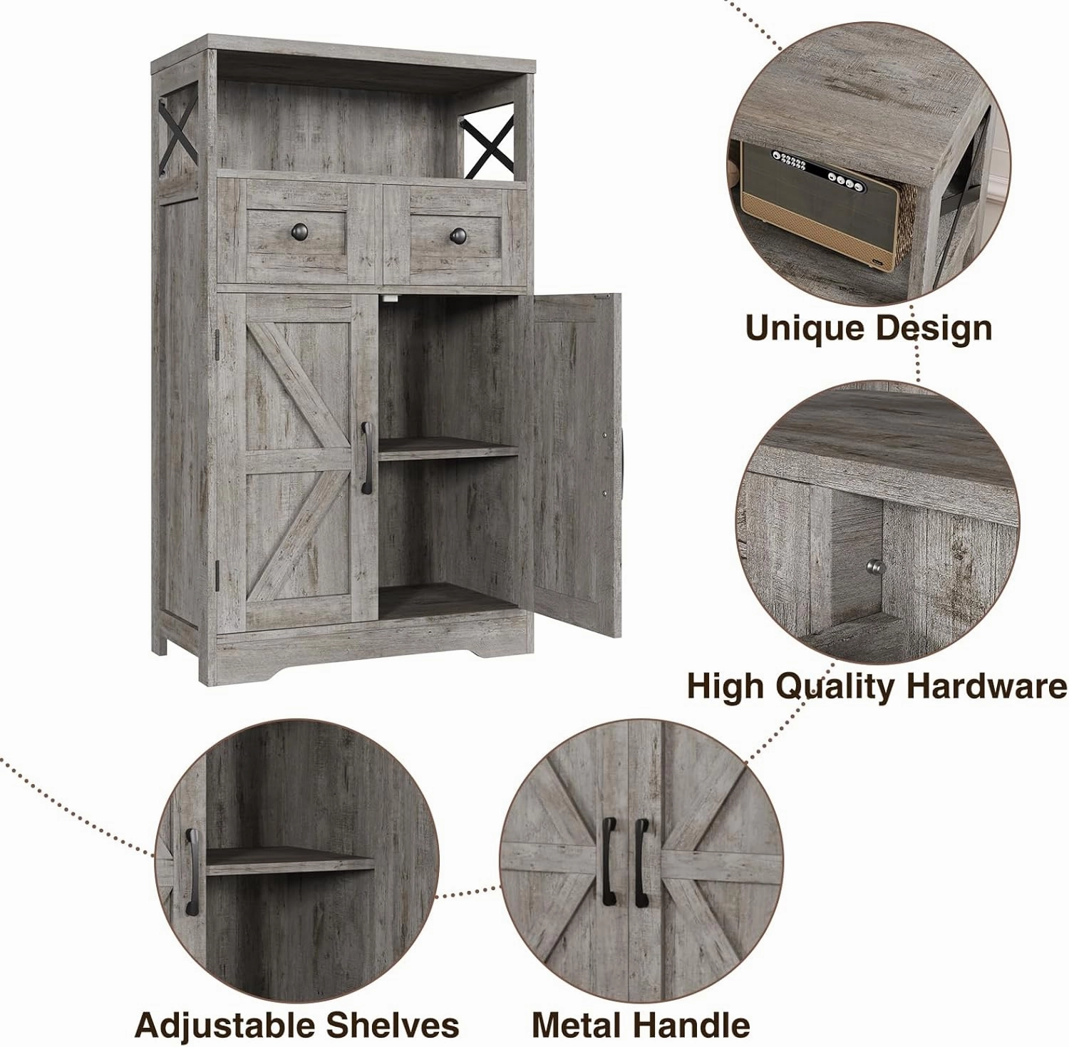 Farmhouse Storage Cabinet with Drawers and Adjustable Shelves, Freestanding Kitchen Pantry Storage Cabinet, Floor Storage Cupboard for Dining Living Room Home Office, Washed Grey