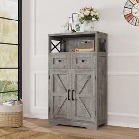 Farmhouse Storage Cabinet with Drawers and Adjustable Shelves, Freestanding Kitchen Pantry Storage Cabinet, Floor Storage Cupboard for Dining Living Room Home Office, Washed Grey
