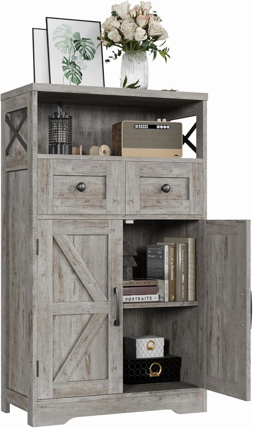 Farmhouse Storage Cabinet with Drawers and Adjustable Shelves, Freestanding Kitchen Pantry Storage Cabinet, Floor Storage Cupboard for Dining Living Room Home Office, Washed Grey