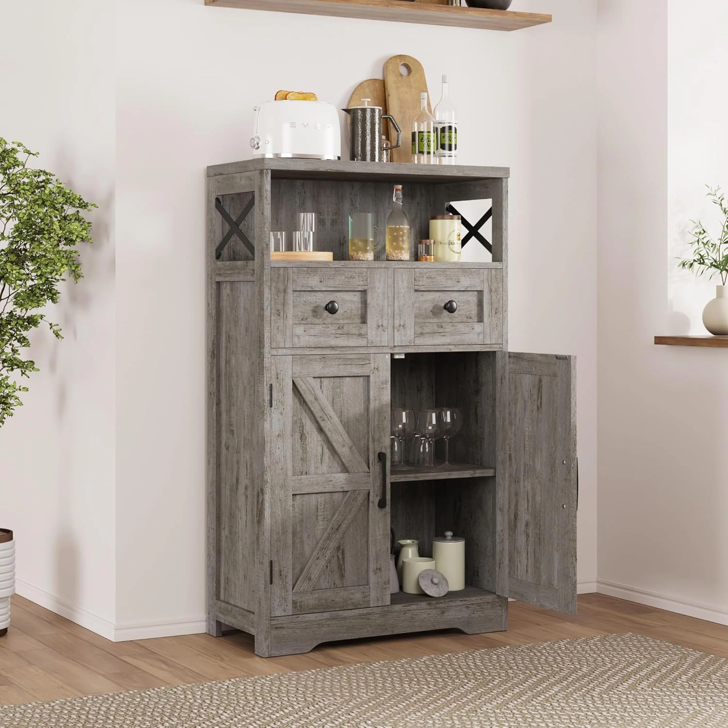 Farmhouse Storage Cabinet with Drawers and Adjustable Shelves, Freestanding Kitchen Pantry Storage Cabinet, Floor Storage Cupboard for Dining Living Room Home Office, Washed Grey