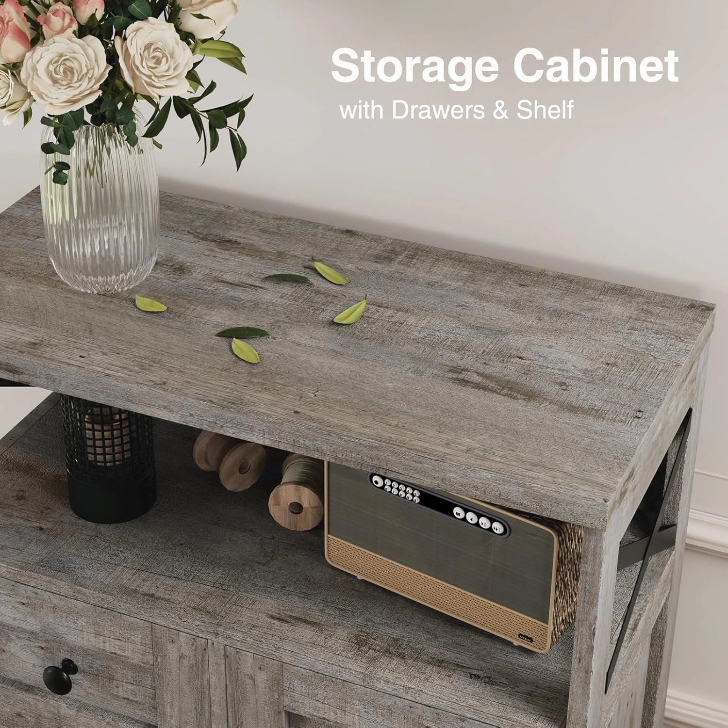 Farmhouse Storage Cabinet with Drawers and Adjustable Shelves, Freestanding Kitchen Pantry Storage Cabinet, Floor Storage Cupboard for Dining Living Room Home Office, Washed Grey