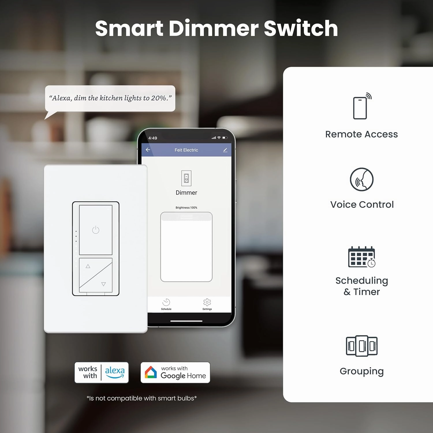 Feit Electric Smart WiFi Dimmer Switch with Remote, Single-Pole/3-Way, Voice Control with Alexa & Google Asst, Wireless Wall-Mount Remote, App Control, Neutral Wire Required, DIM/Button/WiFi White