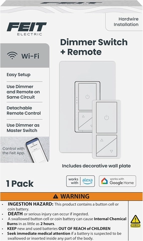Feit Electric Smart WiFi Dimmer Switch with Remote, Single-Pole/3-Way, Voice Control with Alexa & Google Asst, Wireless Wall-Mount Remote, App Control, Neutral Wire Required, DIM/Button/WiFi White