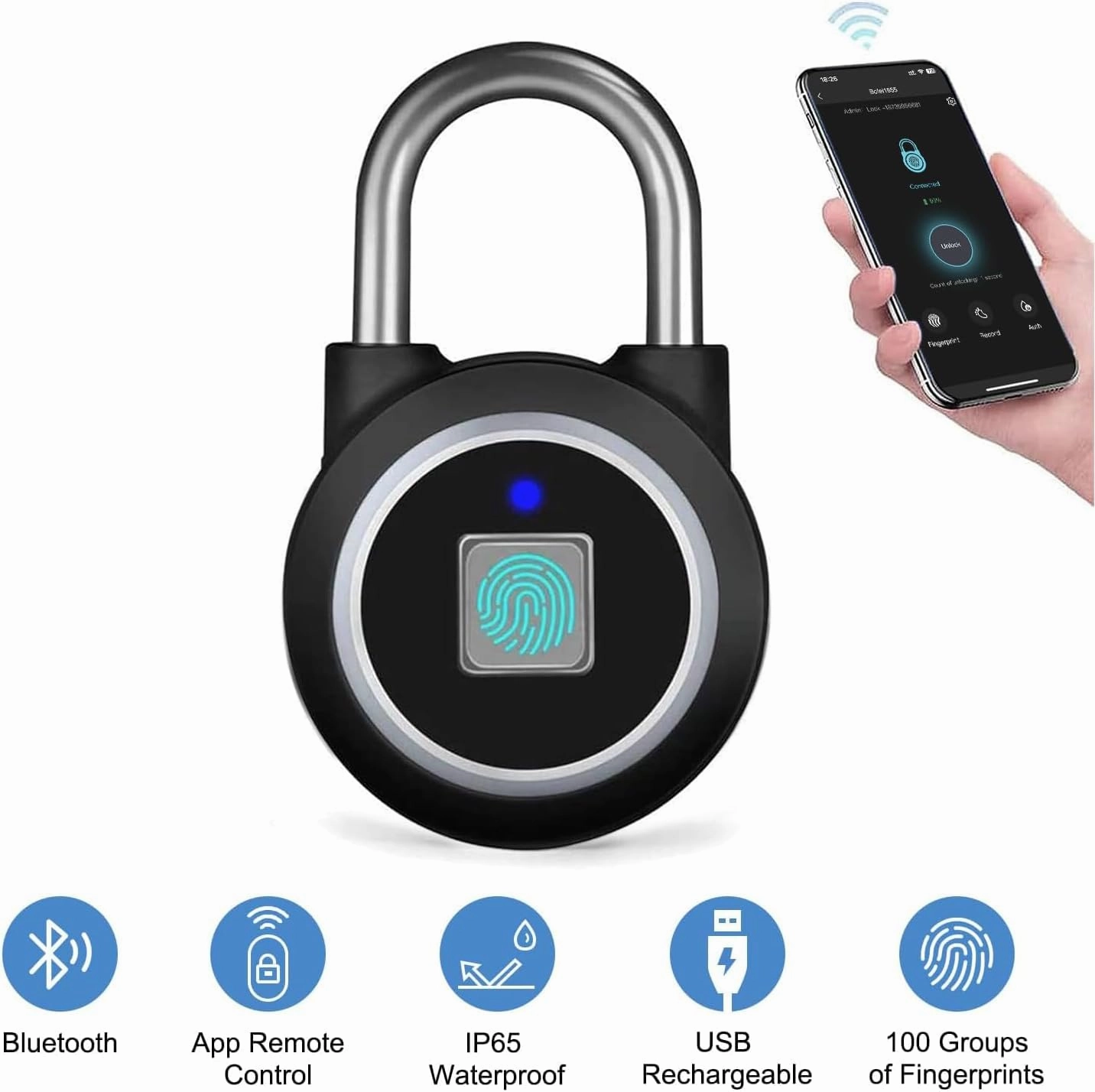 Fingerprint Padlock, Bluetooth Lock, Mobile APP, MEGAFEIS Smart Padlock with Keyless Biometric, Water Resistant, Suitable for Gym, Sports, Bike, School, Fence and Storage(Black)