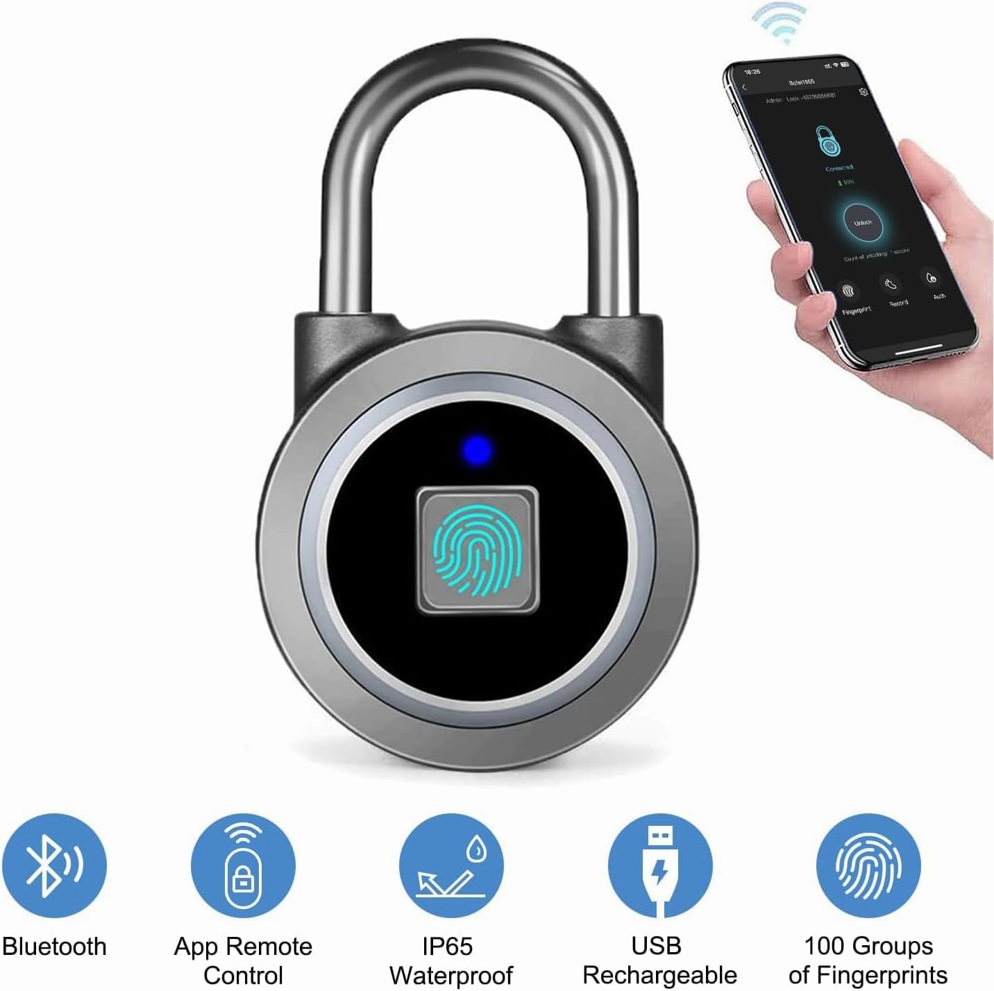 Fingerprint Padlock, Bluetooth Lock, Mobile APP, MEGAFEIS Smart Padlock with Keyless Biometric, Water Resistant, Suitable for Gym, Sports, Bike, School, Locker and Storage(Grey)