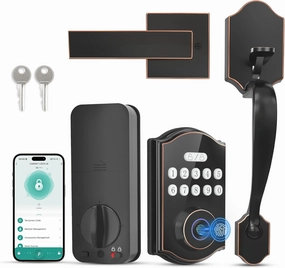 Fingerprint Smart Front Door Lock Set, APP Control Keyless Entry Door Lock with Handle, Anti-Peeping Digital Electronic Keypad, Auto Lock, Easy Install, Oil Rubbed Bronze