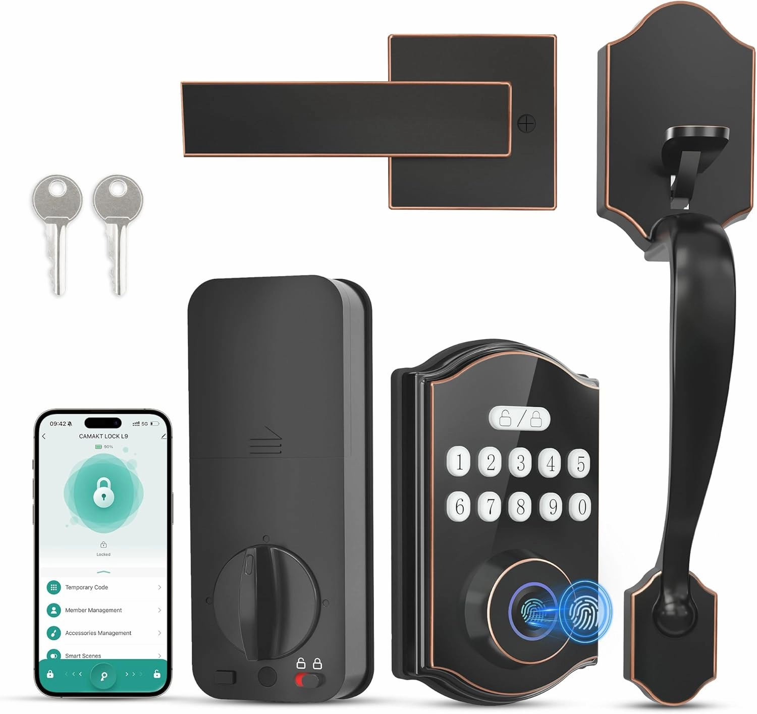 Fingerprint Smart Front Door Lock Set, APP Control Keyless Entry Door Lock with Handle, Anti-Peeping Digital Electronic Keypad, Auto Lock, Easy Install, Oil Rubbed Bronze