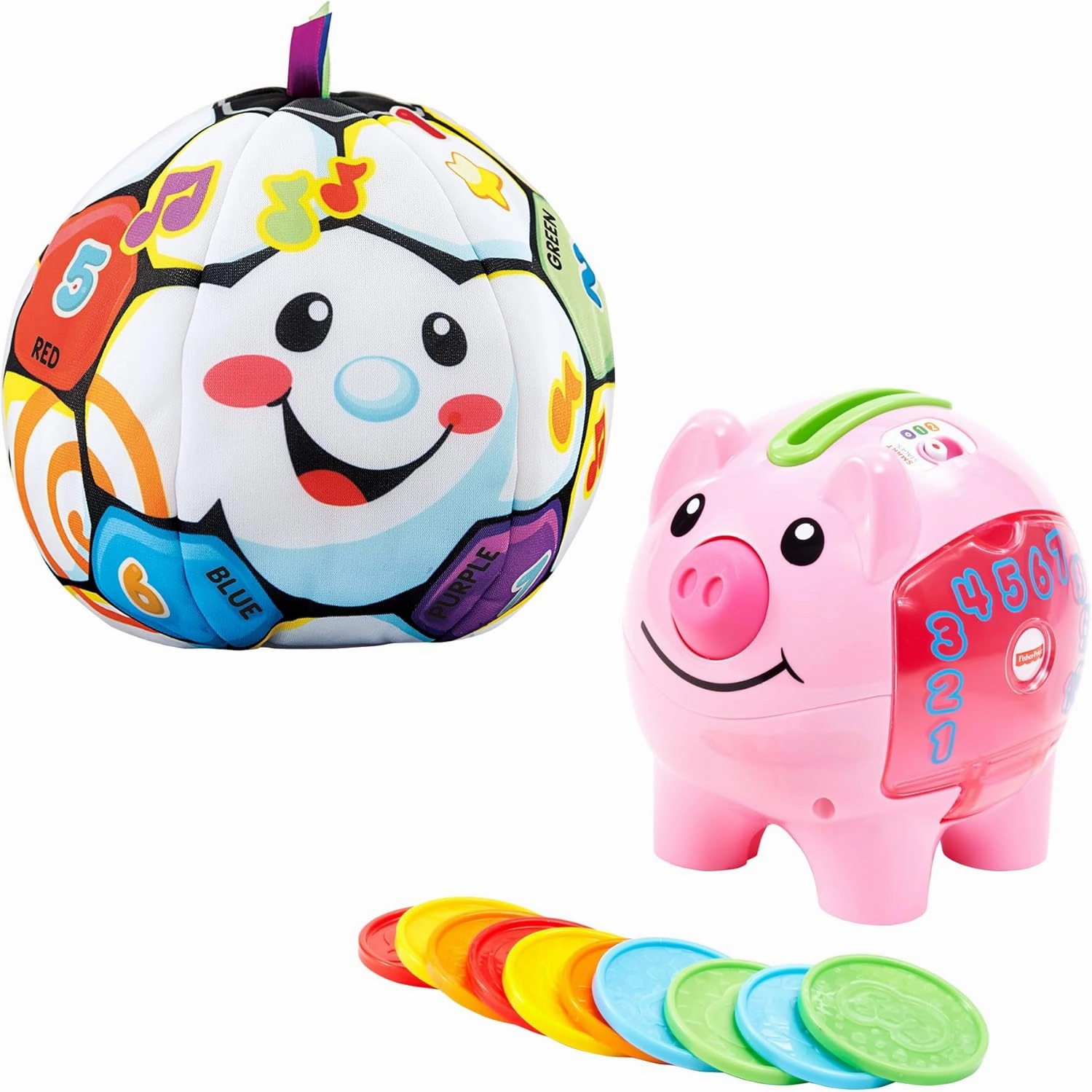 Fisher-Price Learning Toy Bundle with Laugh & Learn Smart Stages Piggy Bank and Singin’ Soccer Ball for Infants and Toddlers