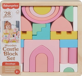 Fisher-Price Wood Toddler Toy Castle Block Set, 28 Wooden Pieces for Stacking Developmental Play Preschool Kids Ages 2  Years