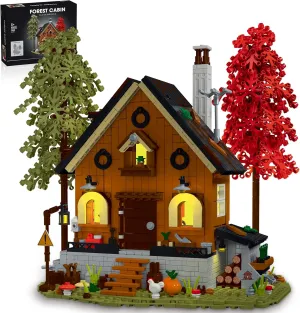 Fistone Wood Cabin Building Blocks Set with LED Lights, DIY Construction Forest Cabin House Building Kit, Creative Craft Toy Gift for Adults, Teens, Kids, 1643PCS
