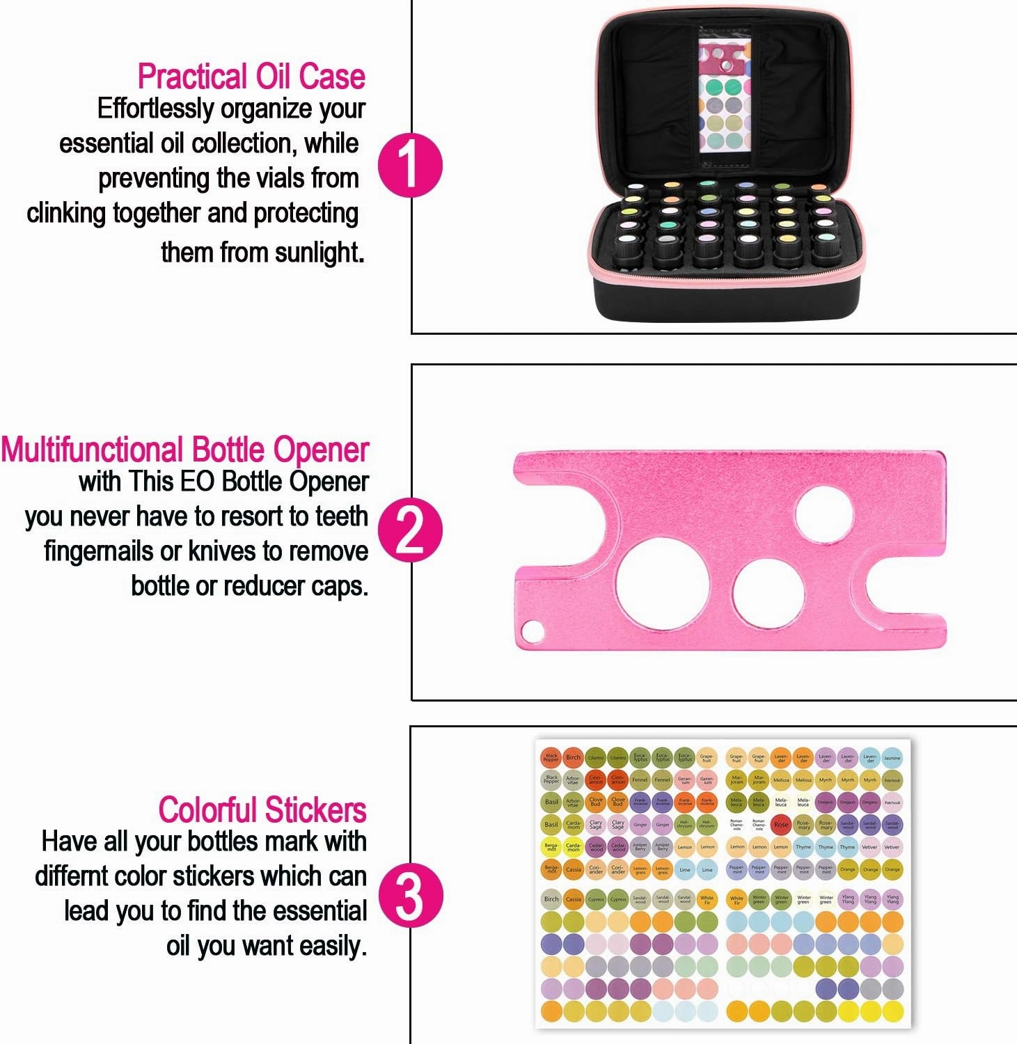 FITNATE Essential Oils Storage Case - 30 Bottle Capacity, Travel-Friendly with Bottle Opener & Young Living Labels (Pink)
