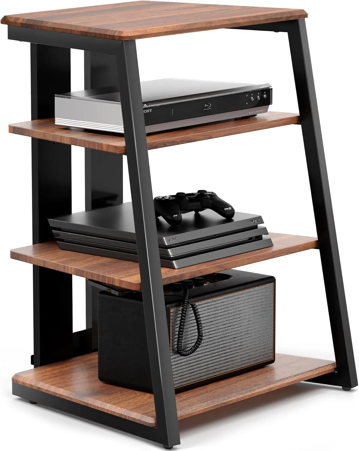 FITUEYES Design 4-Tier AV Media Stand Corner Shelf for Record Player Wooden Stereo Cabinet Audio Rack Tower with Height Adjustable Wooden Shelves for/Apple TV/Xbox One/ps4 (Walnut)