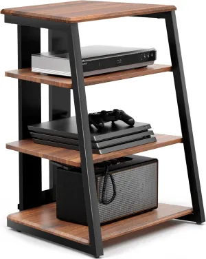 FITUEYES Design 4-Tier AV Media Stand Corner Shelf for Record Player Wooden Stereo Cabinet Audio Rack Tower with Height Adjustable Wooden Shelves for/Apple TV/Xbox One/ps4 (Walnut)