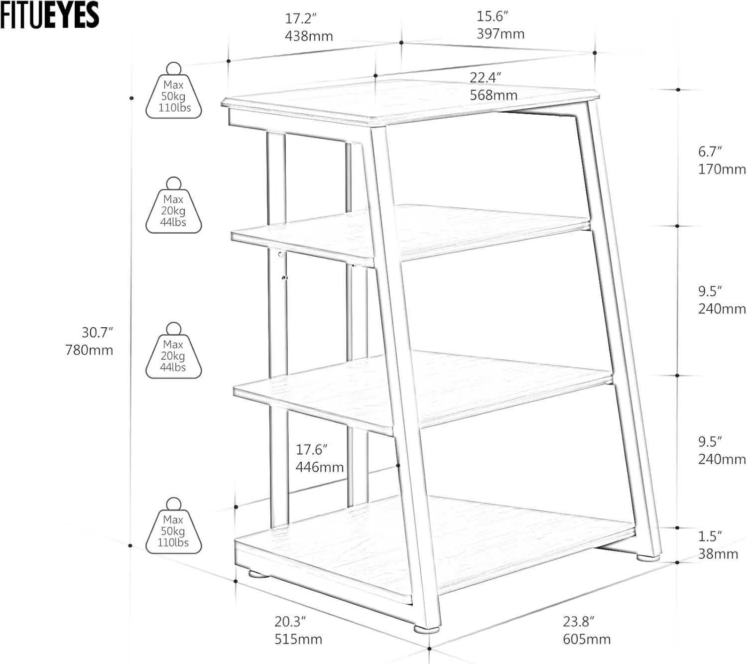 FITUEYES Design 4-Tier AV Media Stand Corner Shelf for Record Player Wooden Stereo Cabinet Audio Rack Tower with Height Adjustable Wooden Shelves for/Apple TV/Xbox One/ps4 (Walnut)