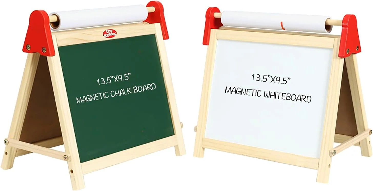 Flat River Group Easy Playhouse Wooden Table Top Easel for Children. Double Sided, White Board and Chalk Board. Chalk, Eraser, Markers, Alphabet, Stickers and Paper Roll. Age 3 
