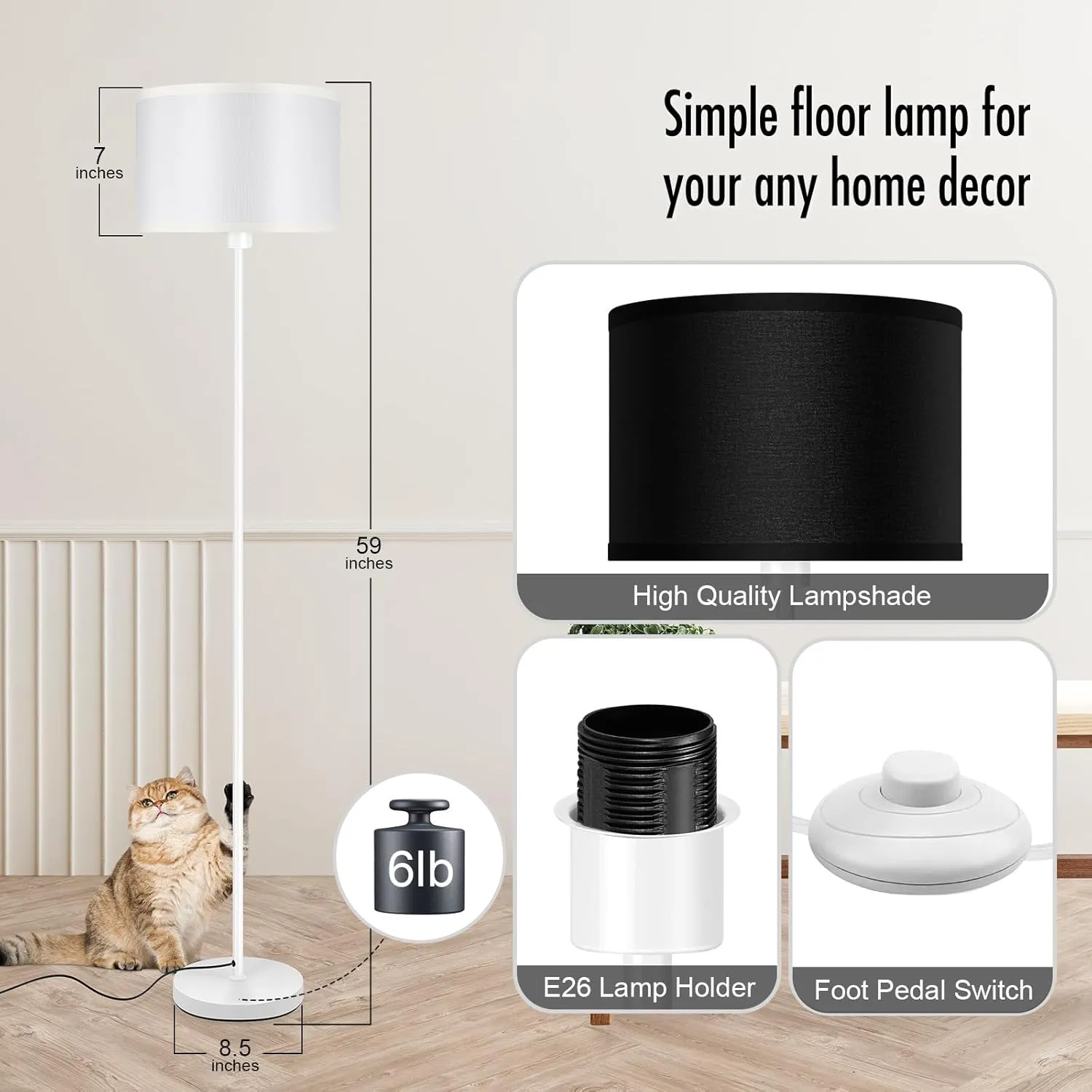 Floor Lamp, Standing Lamps, Simple Floor Lamps for Living Room, Small Stand Up Light with Black Lampshade, 59" Tall, Foot Switch, Black Living Room Decor for Bedroom, Kids Room, Den(NO Bulb, E26 Base)