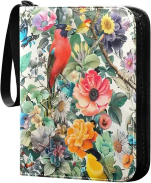 Flower with Colorful Birds Card Binder 4-Pocket, 400 Pockets Card Holder with 50 Removable Sleeves and Zipper for Games Baseball Football Sports Card