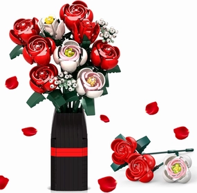 Flower Bouquet Building Set, Roses Artificial Flowers Botanical Collection with Vase, DIY Artificial Flower Bouquet Building Kit for Home Office Decor, Valentines Birthdays Mother's Day Gifts