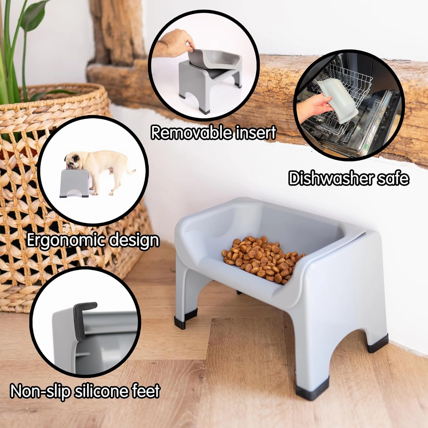 Fluff Trough Elevated Dog Bowl for Food | 5inch Tall Cat & Dog Feeding Station | Vet Approved Non-Toxic Silicone Feeder Bowl Insert | Raised Bowl for Medium and Small Dog/Pet with Flat Face (Gray)
