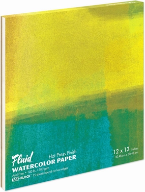 Fluid Watercolor Paper Block, 12 x 12 inches, 15 Sheets, 140 lb (300 GSM) Hot Press Pad for Artist Painting and Wet Media