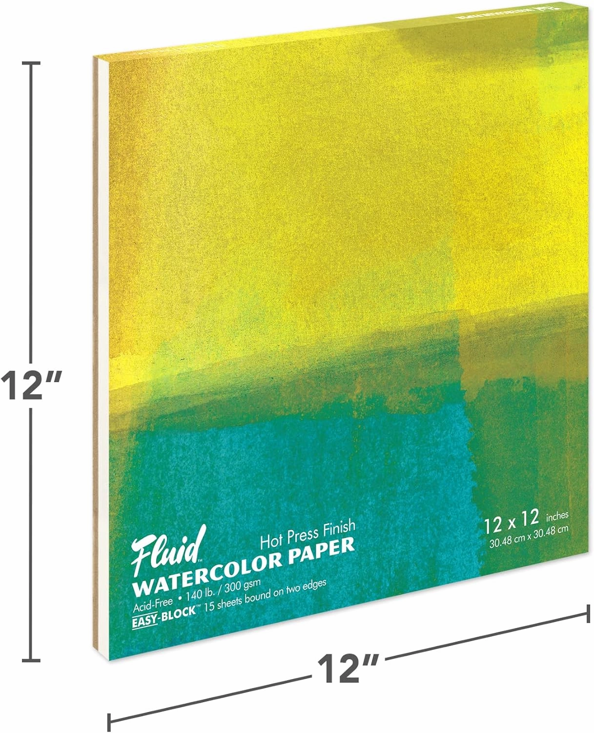 Fluid Watercolor Paper Block, 12 x 12 inches, 15 Sheets, 140 lb (300 GSM) Hot Press Pad for Artist Painting and Wet Media