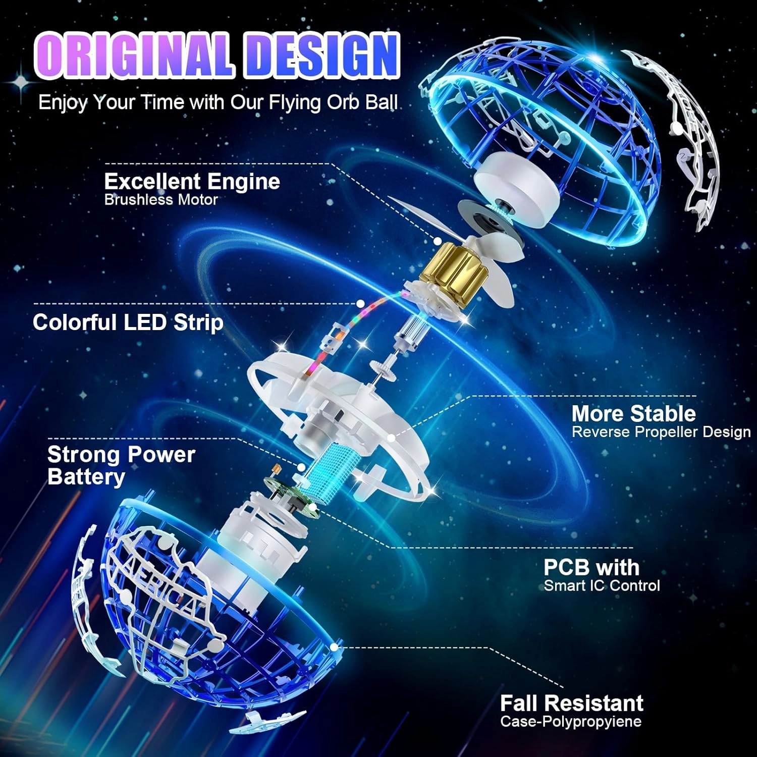 Flying orb Ball 2025 Hover Boomerang Ball 6 Lighting Effects Cool Toys Gift for 678910  Year Kids Teen Adults Indoor Outdoor Flying Ball Toy（Blue & Red）